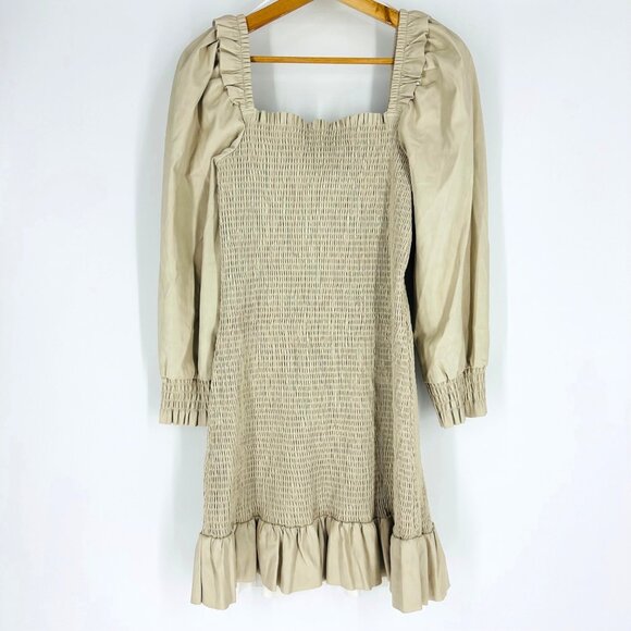 7 For All Mankind Womens Beige Smocked Square Neck Balloon Sleeve Mini Dress L - Picture 5 of 12